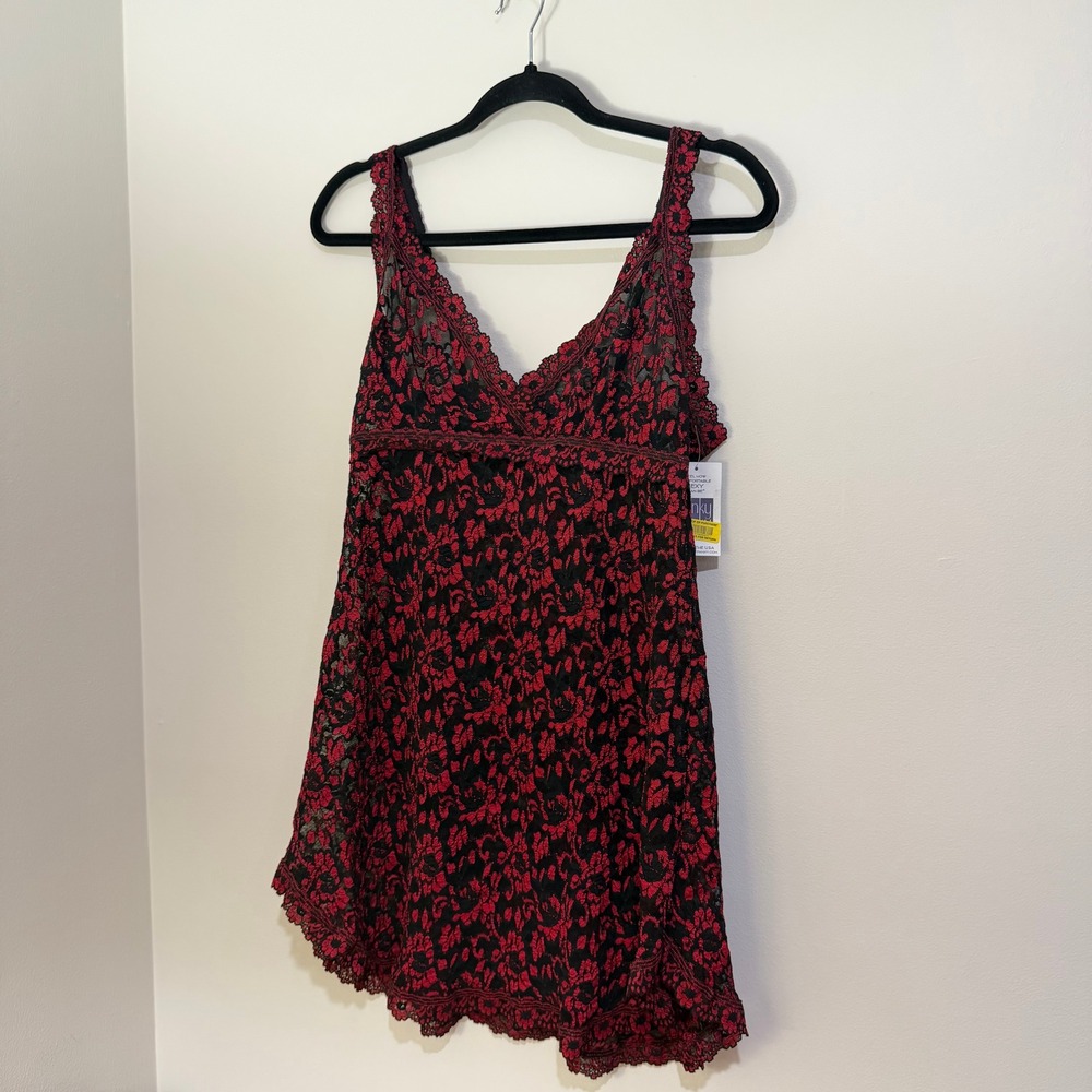 Hanky Panky Signature Lace Chemise Slip Dress Black Red Floral Sz L NWT